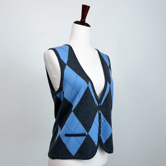 Talbots 100% Merino Wool Blue Argyle Knit Sweater Vest - Picture 4 of 7